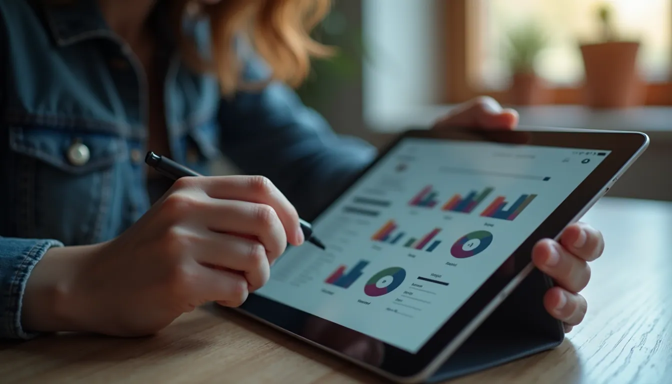 Close-up view of a person using a tablet to design an app