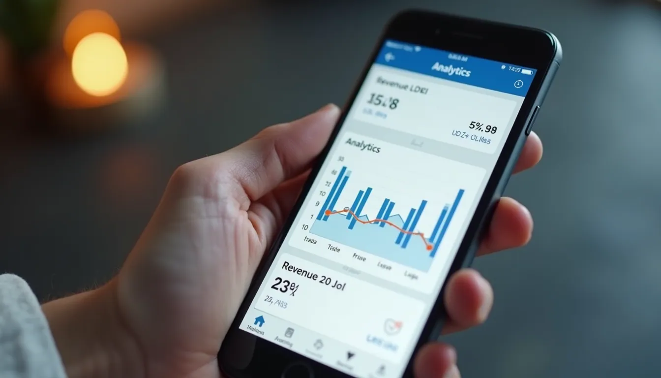 Close-up view of a smartphone displaying app analytics and revenue charts