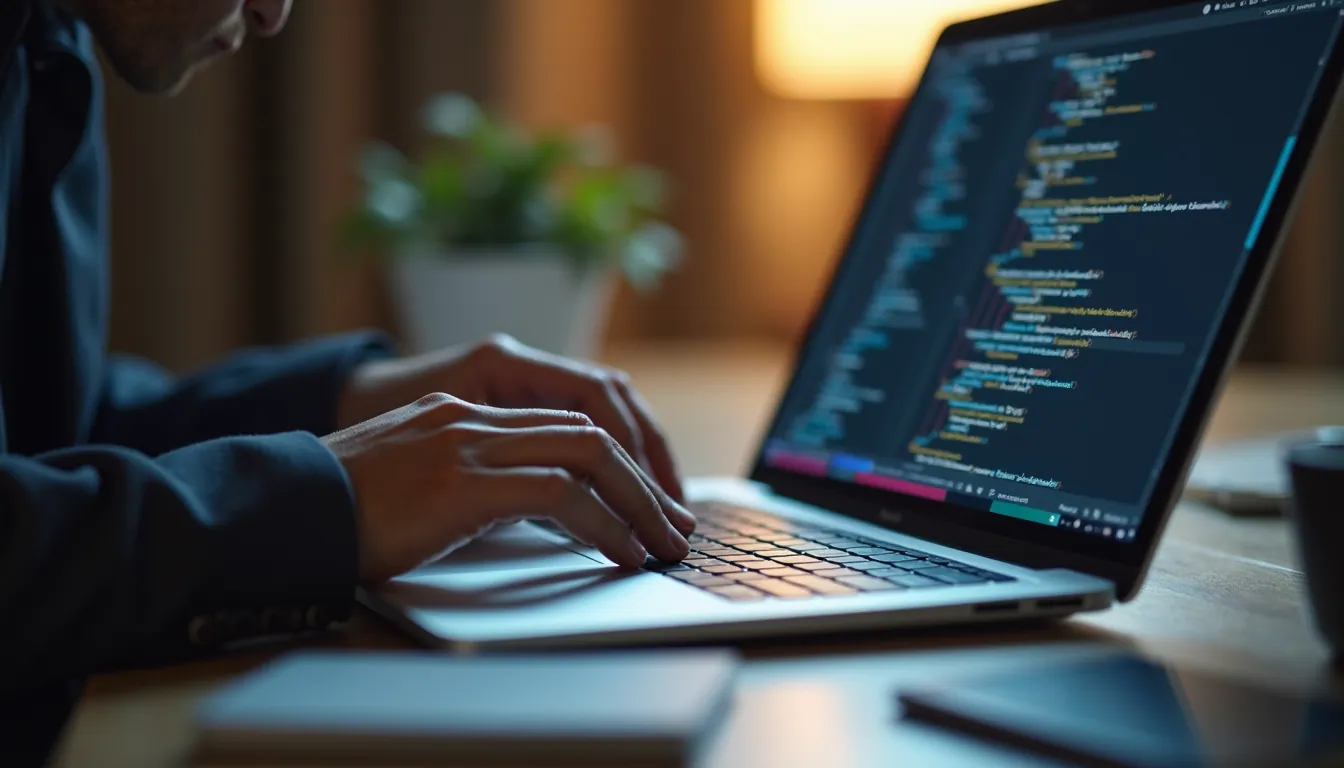 Close-up view of a developer coding on a laptop