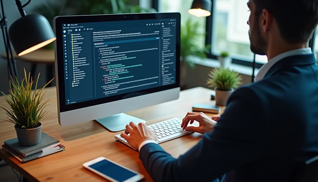 High angle view of a business person managing multiple app projects on a computer