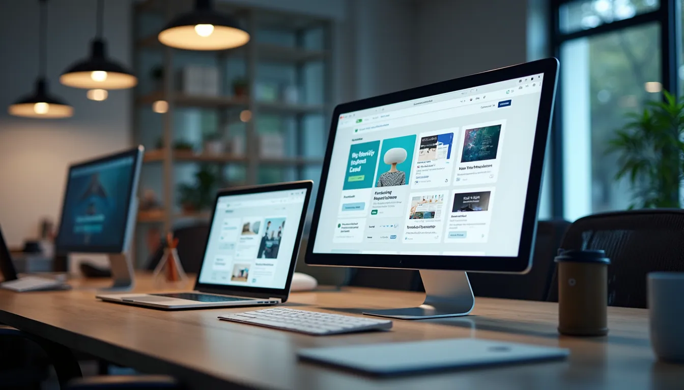 Wide angle view of a modern office workspace with multiple devices displaying app designs