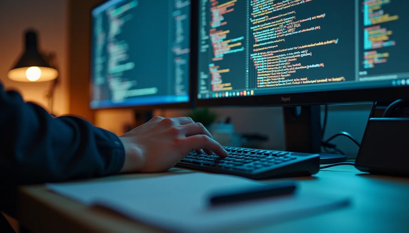 Close-up view of a developer’s desk with coding on a monitor and notes