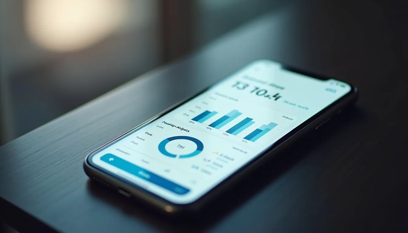 High angle view of a smartphone showing app analytics dashboard