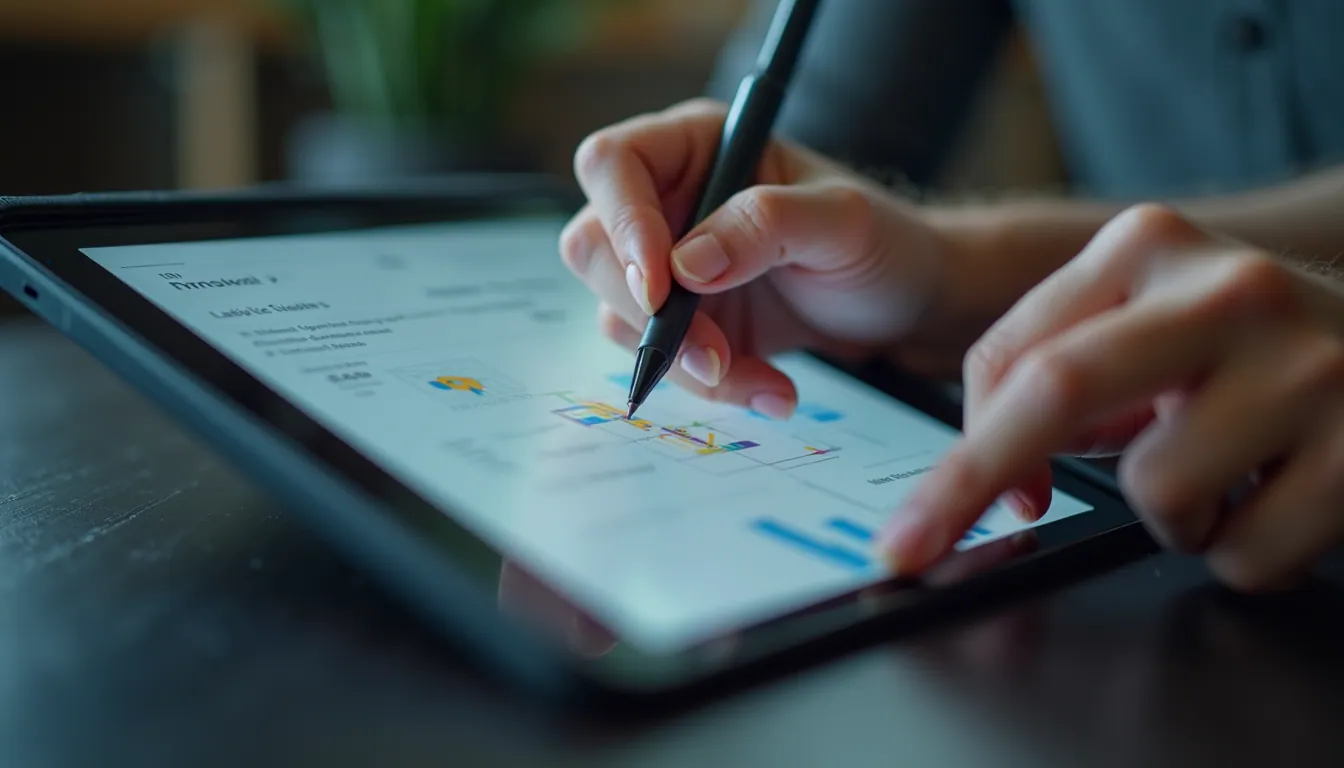 Close-up view of a person working on a tablet with app design software