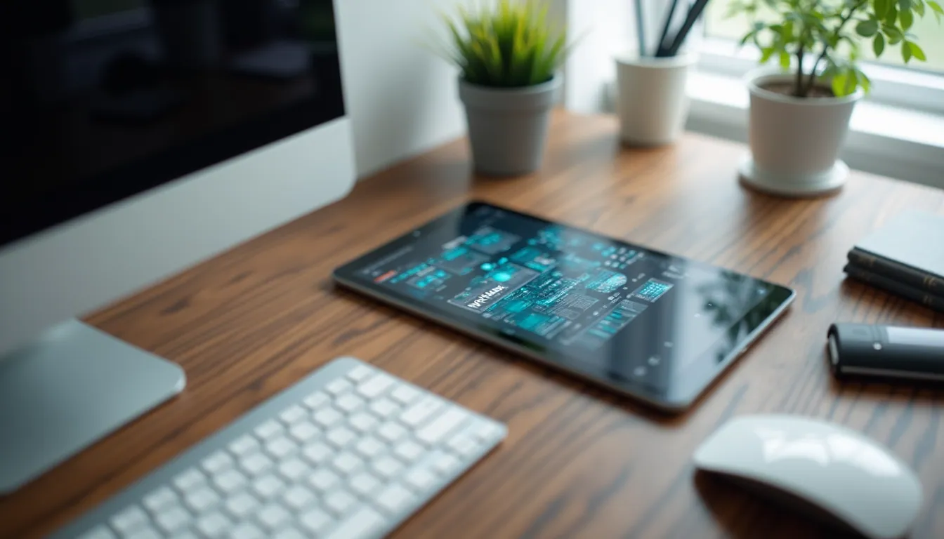 High angle view of a desk with a tablet showing app design software