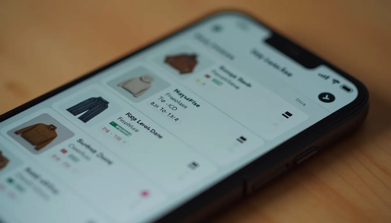 Close-up view of a smartphone displaying a retail app with product listings