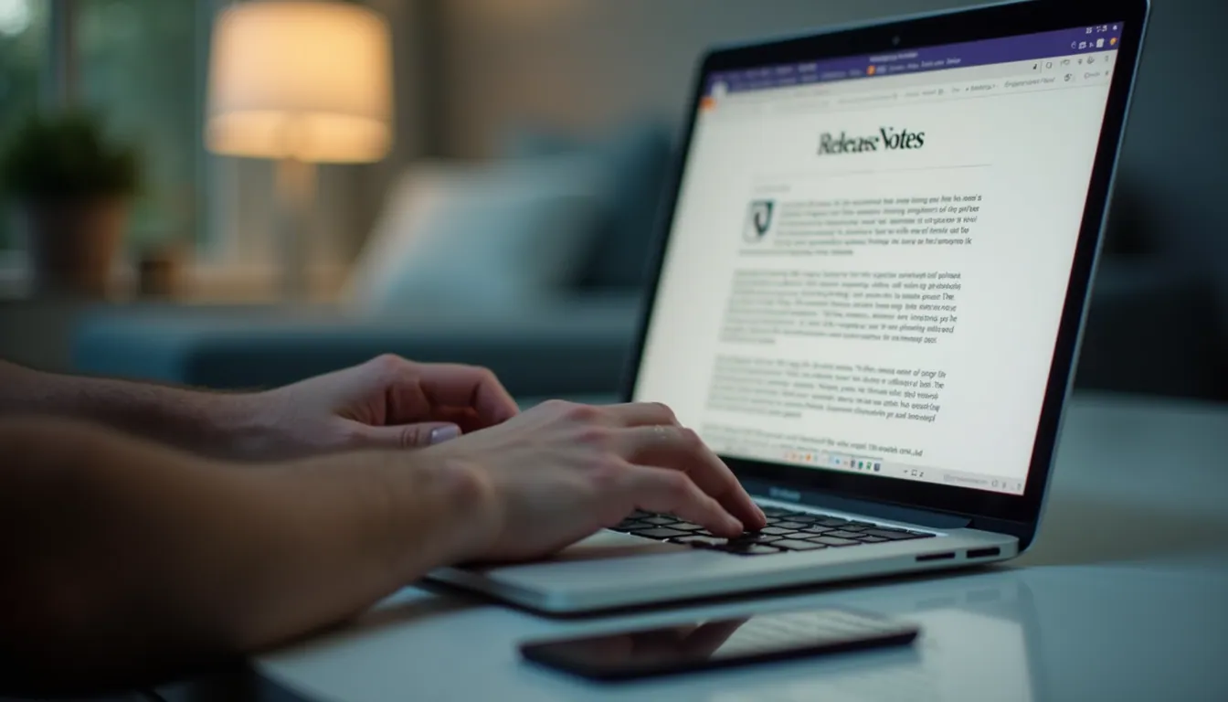 Eye-level view of a person typing on a laptop with a release notes document on screen