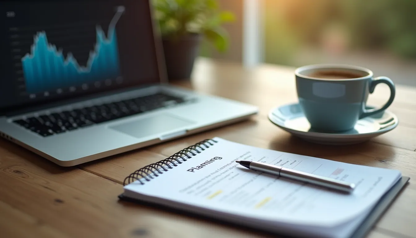 High angle view of a desk with a laptop, notebook, and coffee cup, symbolizing business growth and planning