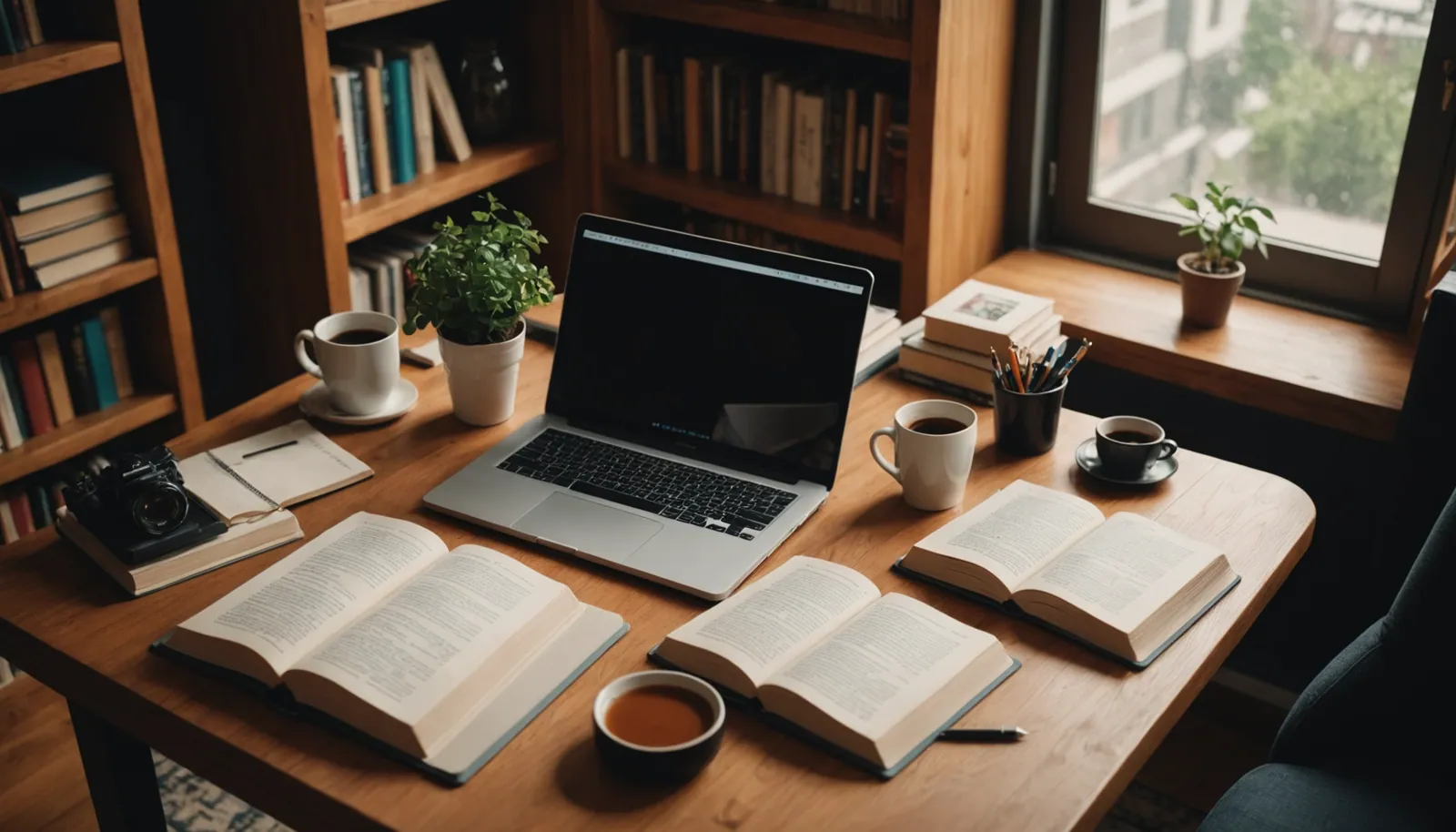 High angle view of a cozy study space with books and a laptop