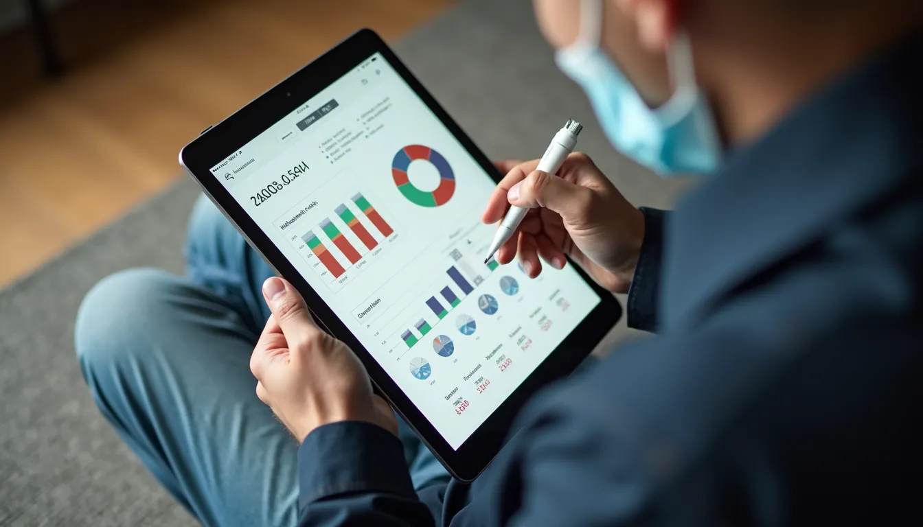High angle view of a person using a tablet with an app builder dashboard