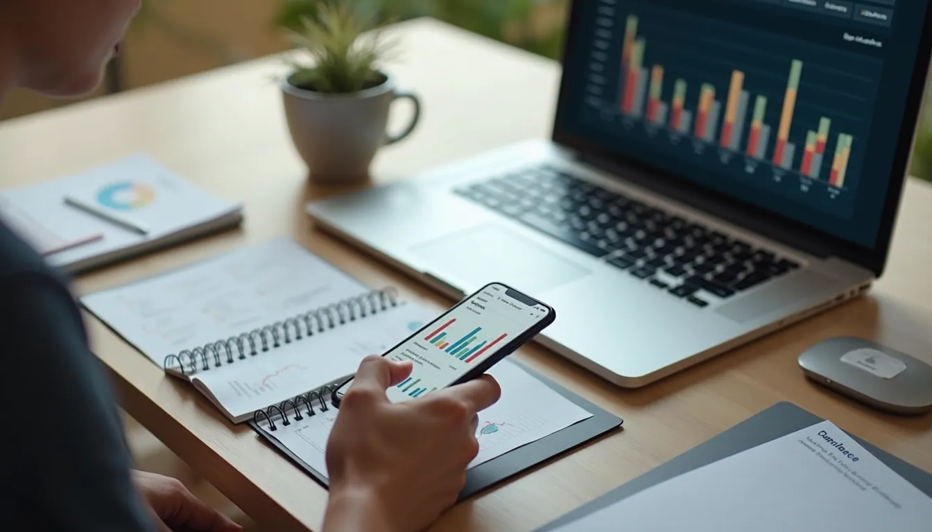 High angle view of a workspace with a laptop and smartphone showing app builder dashboard