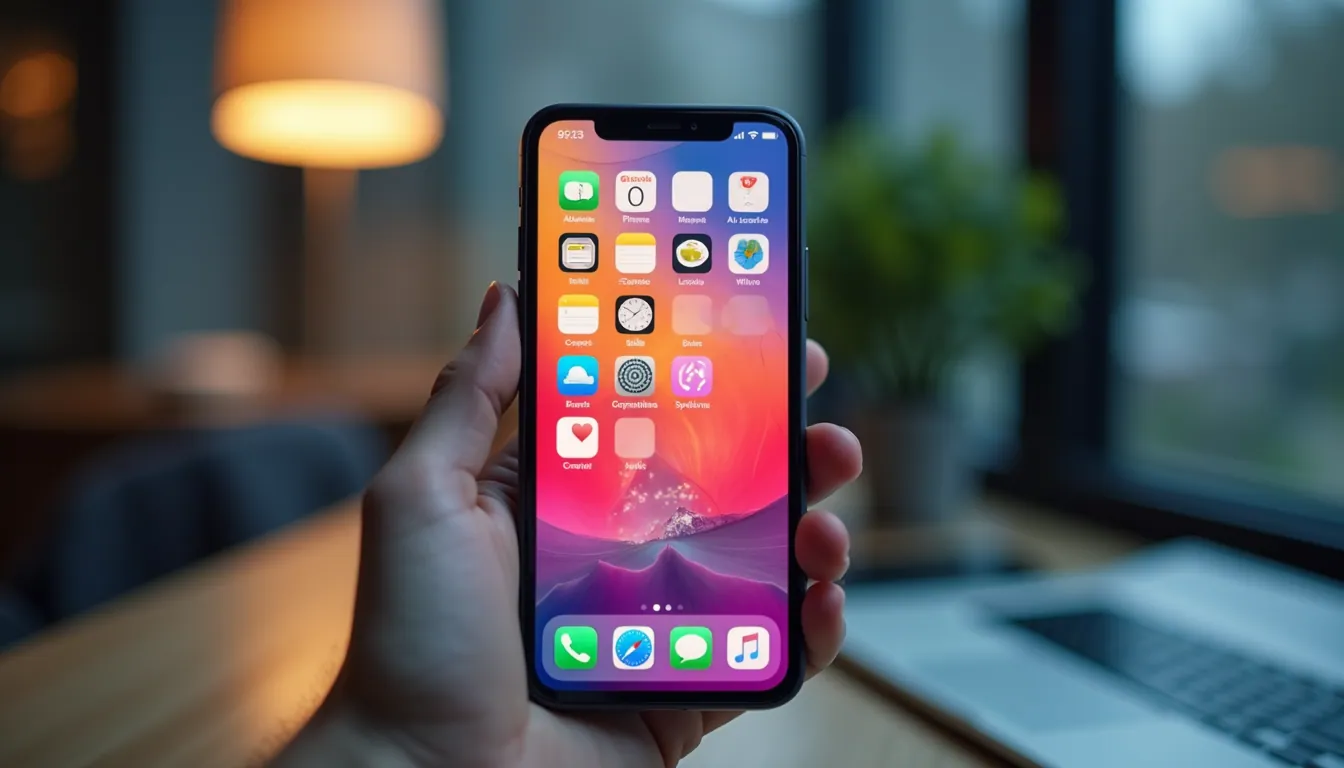 Close-up view of a smartphone displaying a colorful mobile app home screen