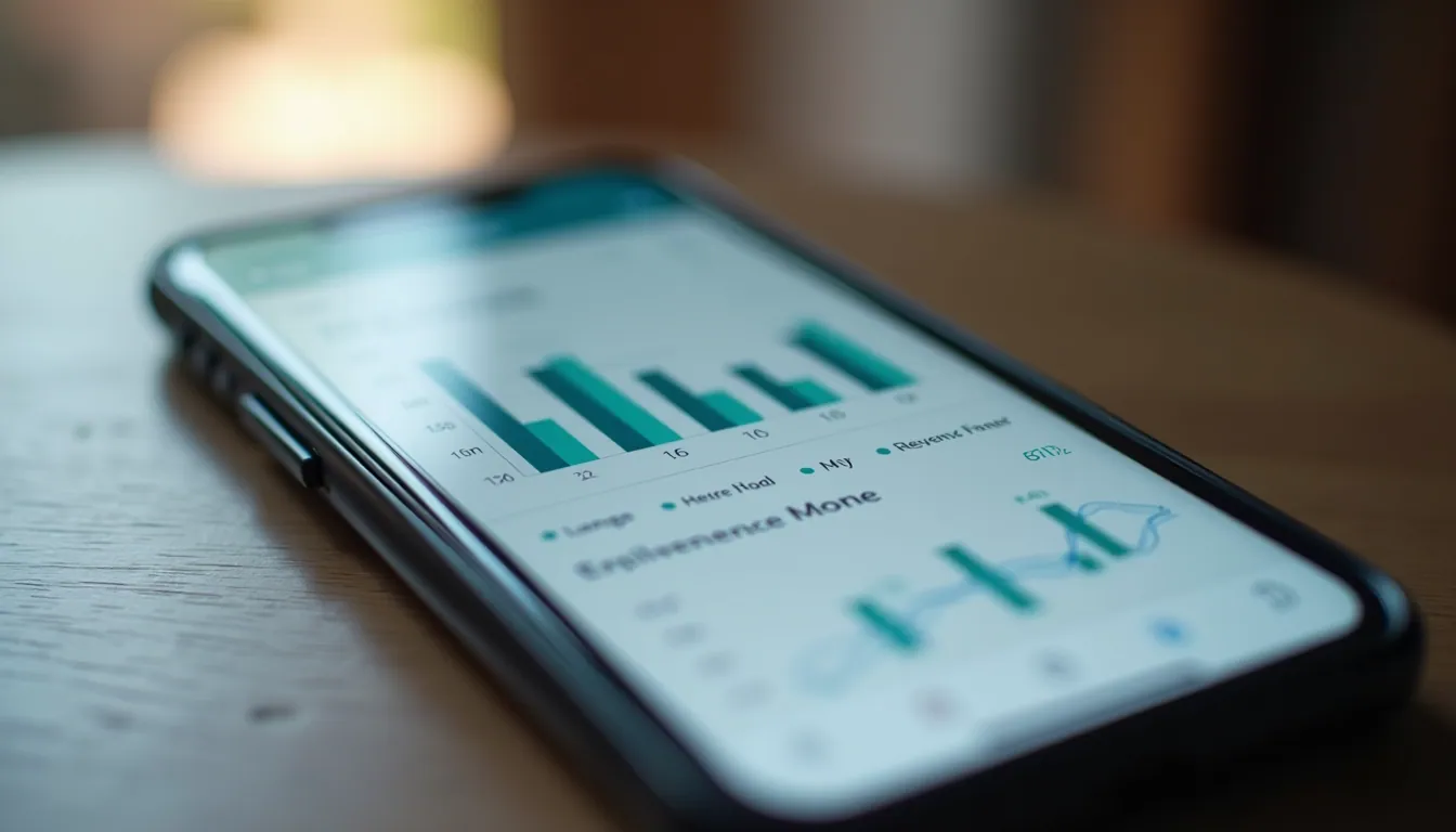 Close-up view of a smartphone displaying app analytics and revenue charts