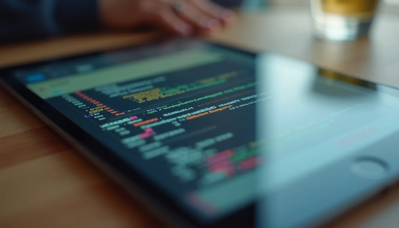 Close-up view of a tablet displaying app design elements in a no-code builder