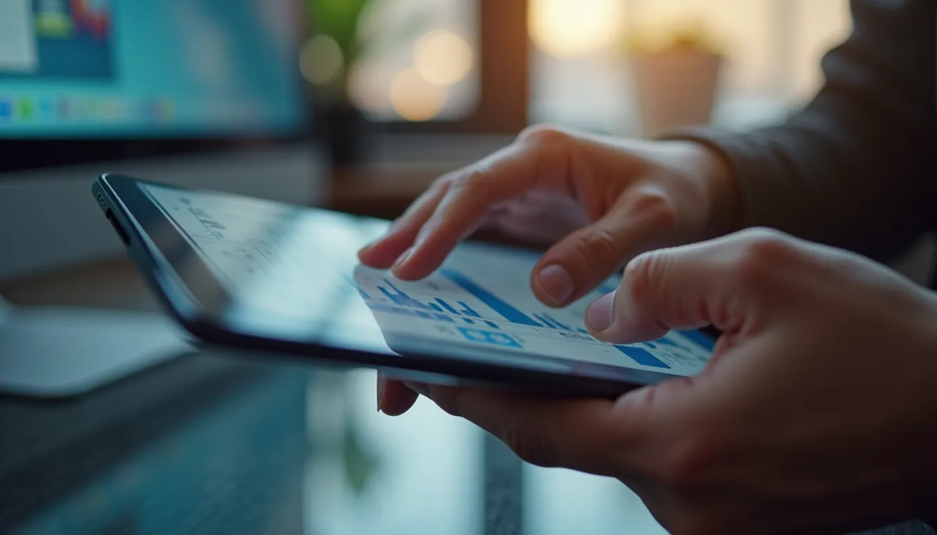 Close-up view of a person comparing app builder features on a tablet