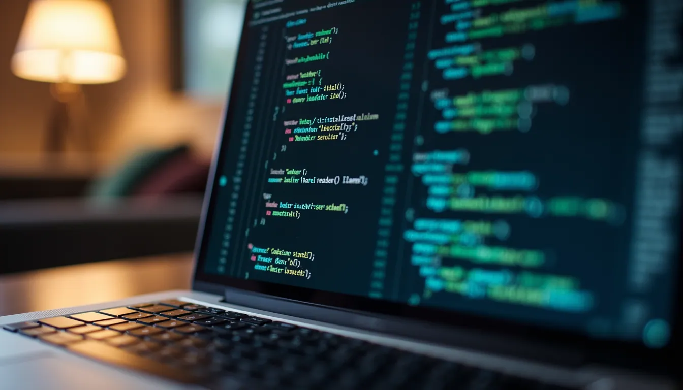Close-up view of a laptop screen showing app development code