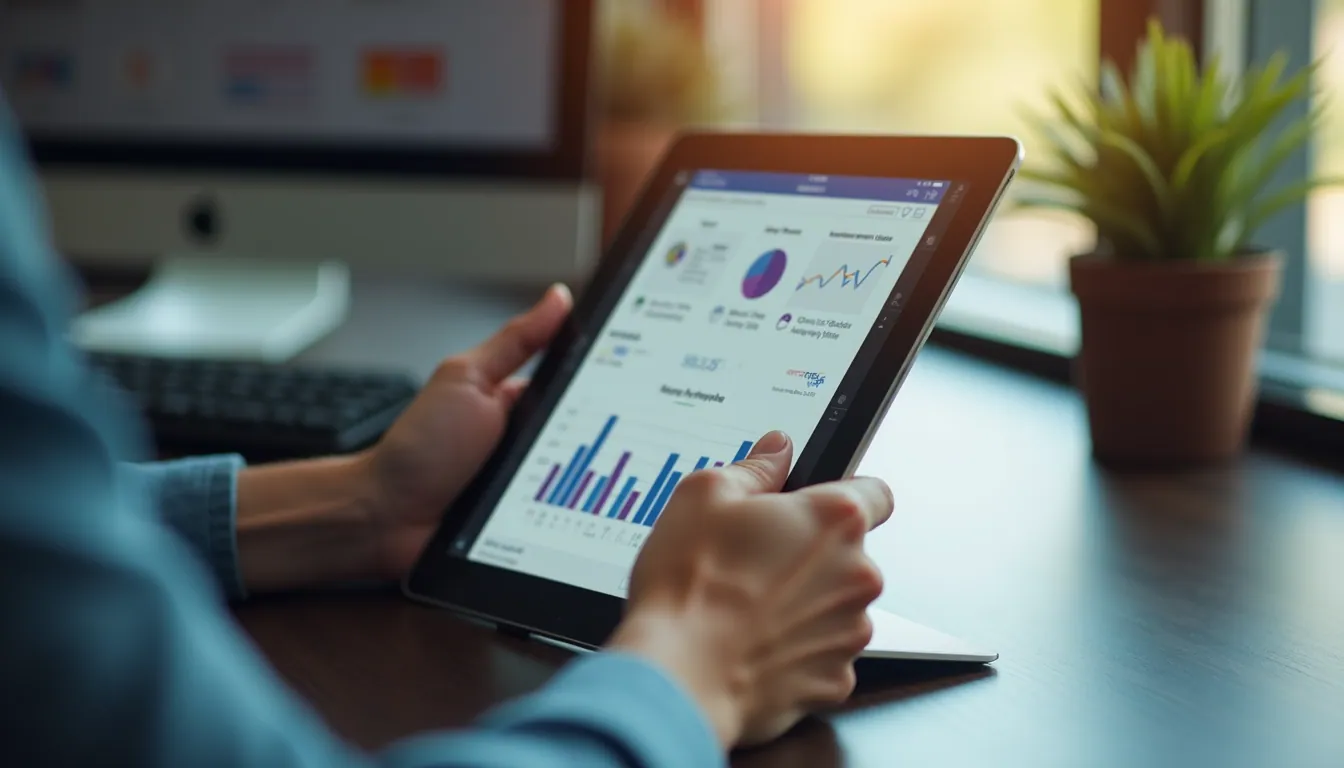 Close-up view of a person using a tablet with an app builder dashboard