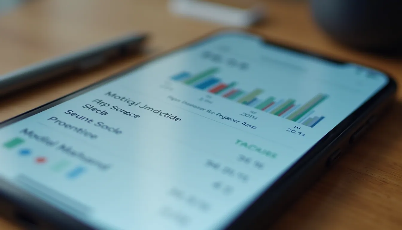 Close-up view of a smartphone displaying app analytics and revenue charts