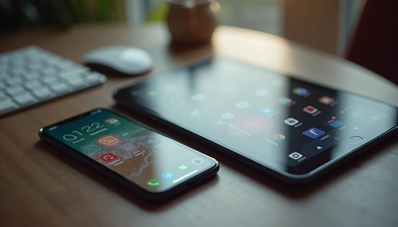 High angle view of a desk with smartphone and tablet showing app interfaces