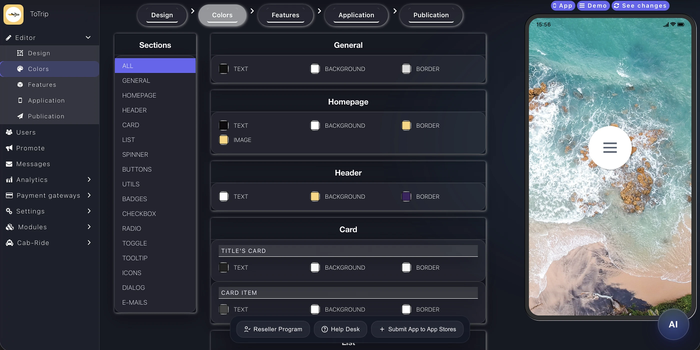 Appily color editor for customizing every section of a mobile app