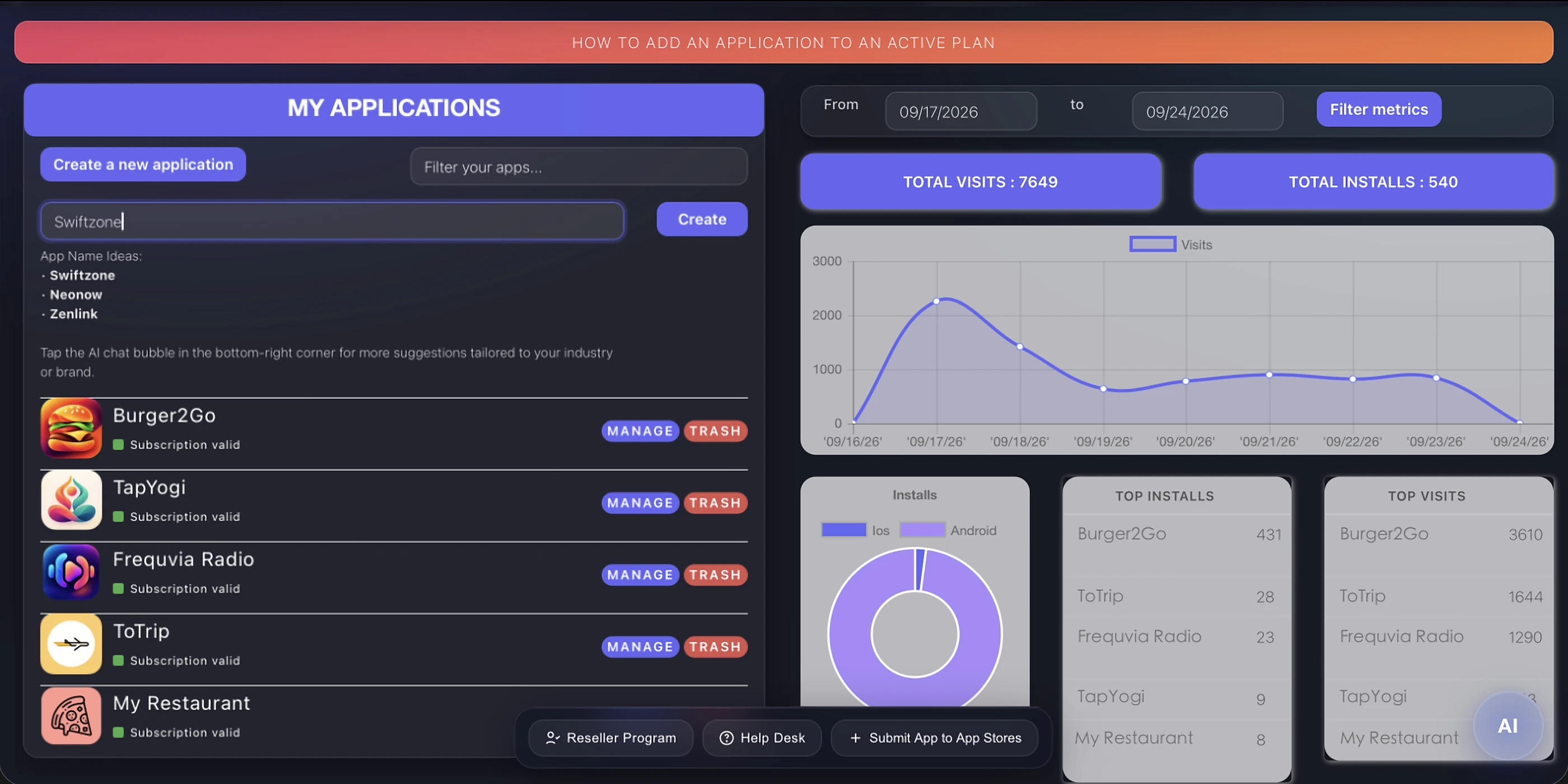 Appily app builder dashboard showing all apps, total visits, installs and top apps