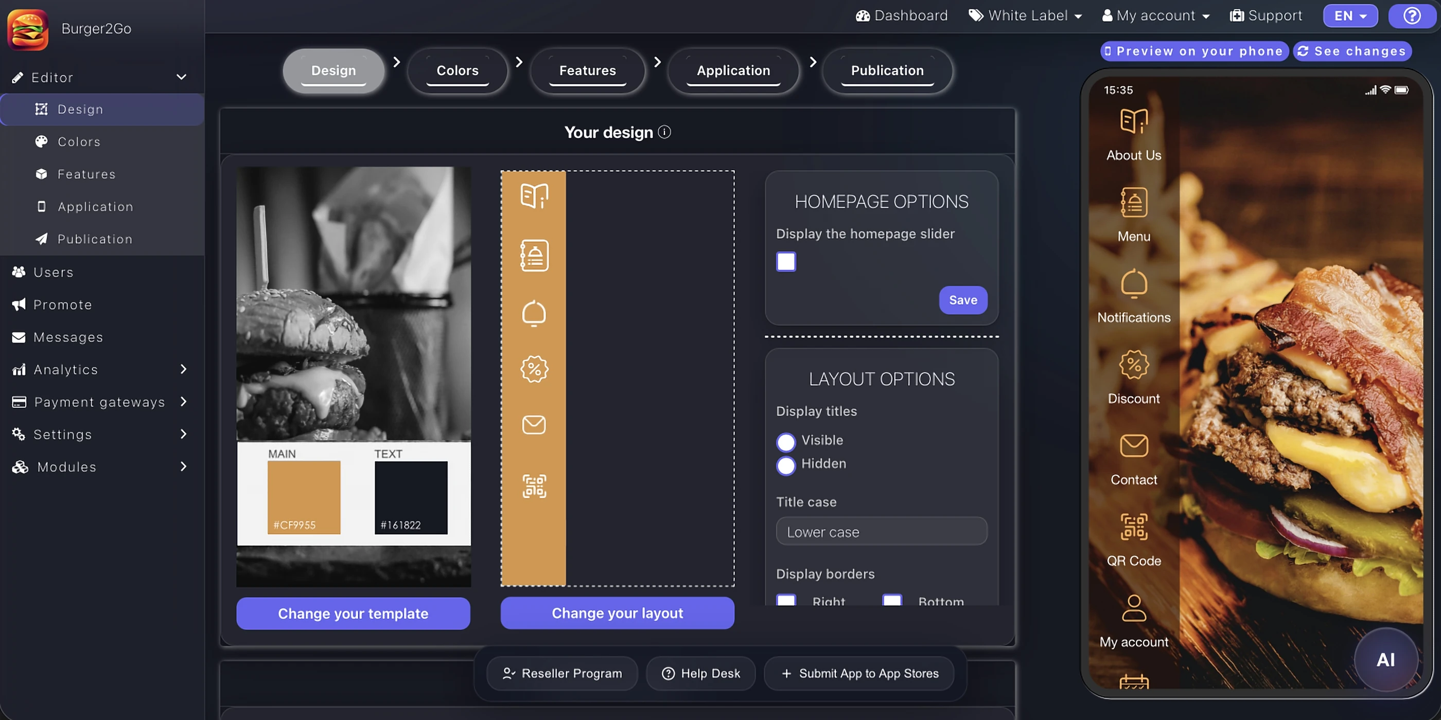Appily design editor with template, layout options and live iPhone app preview