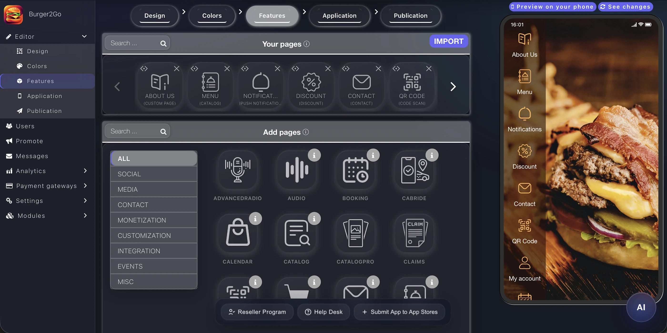 Appily features editor to add pages like booking, audio, catalog and push notifications